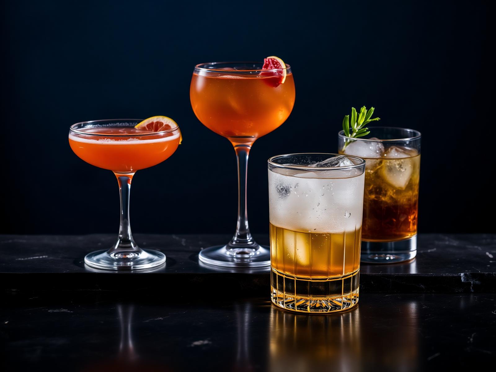 Craft cocktails on a dark bar